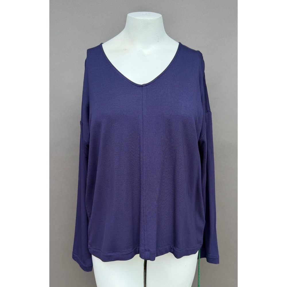 Pure J Jill Eco-Terry V-Neck Top Medium Blue Long Sleeve Seam Detail Soft